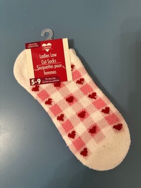Fuzzy Low-Cut Socks with Pink Checker & Red Hearts